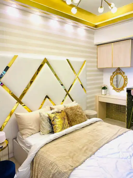 Elegant bedroom with designer headboard